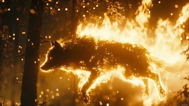 Ash and soot fly as a shadowy wolf made of flame races across the plain.