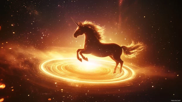 Astral unicorn trotting across a glowing planetary ring.