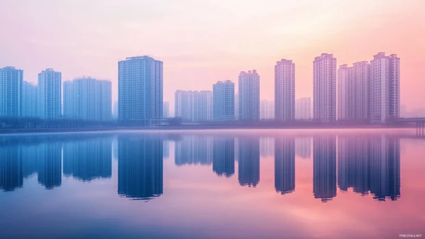 At dawn, the city skyline gently reflects on the tranquil river with minimal hues.