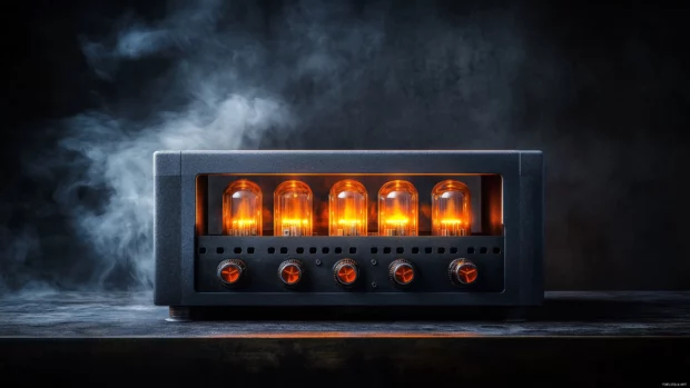 Atmospheric heavy metal vibe intense image vintage amplifier glowing tubes dark moody lighting and smoke.