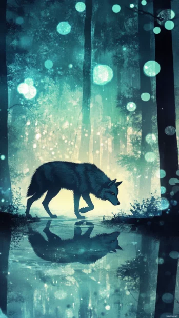 Aurora wolf showing a vertical view of a lone wolf walking beneath shimmering lights.