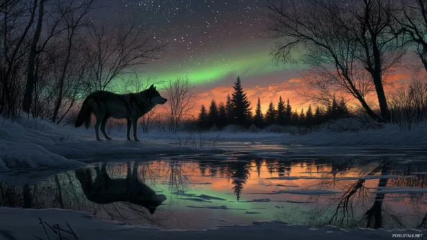 Aurora wolf with the night sky reflecting in a frozen lake below a standing wolf.