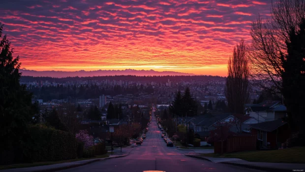 Awakening city streets under a vivid sunrise sky.