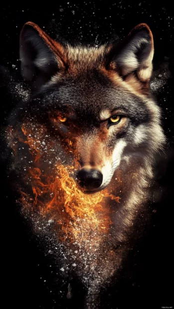 Awesome wolf iPhone wallpaper featuring a wolf face divided into elements of fire and ice.