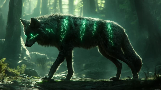 Awesome wolf wallpaper with a tribal wolf covered in glowing markings walking through a mystical forest.