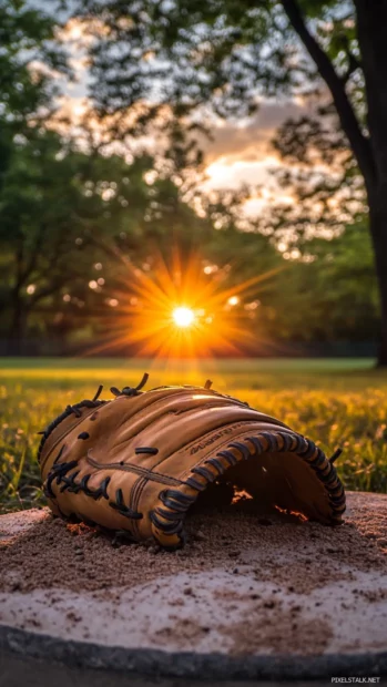 Backlit baseball glove on mound as sun sets behind trees, Sunset behind home plate wallpaper.