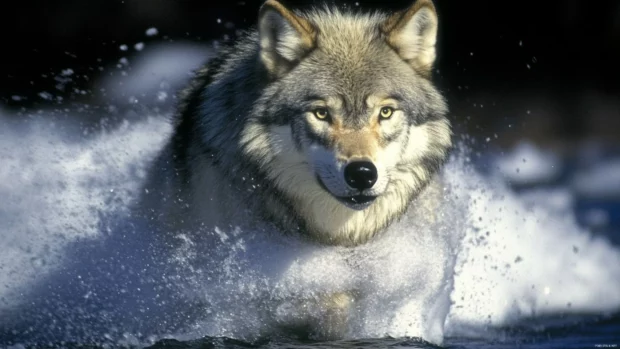 Backlit wolf racing down a narrow path through tall reeds.