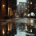 Backstreets filled with moody reflections and raindrops.