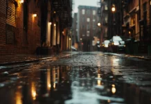Backstreets filled with moody reflections and raindrops.