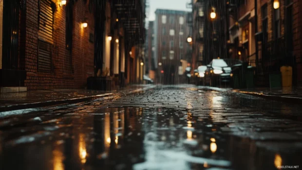 Backstreets filled with moody reflections and raindrops.