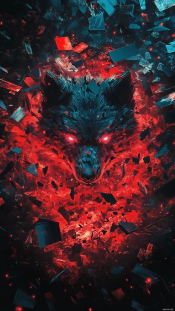 Badass wolf iPhone wallpaper featuring a wolf with glowing eyes in a storm of digital shards.