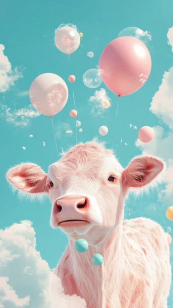 Balloon filled sky around a joyful cow in this Pink Cow Wallpaper.