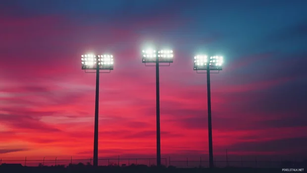 Ballpark lights just turning on during a fading sunset.