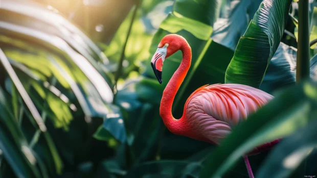 Banana leaves surrounding a flamingo, shimmering water underneath.