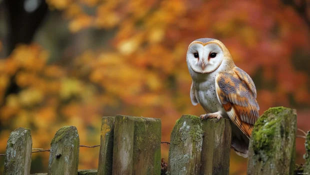 Barn Owl HD background showing the Barn Owl resting quietly on a mossy wooden fence.