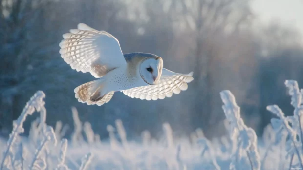 Barn Owl aesthetic background capturing the Barn Owl flying over a peaceful winter meadow.