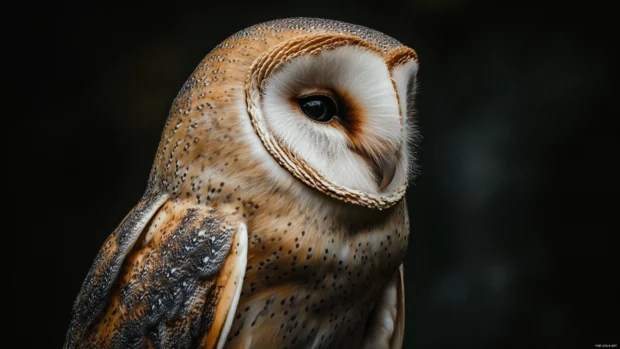 Barn Owl close up wallpaper with incredible feather detail and a dark moody background.