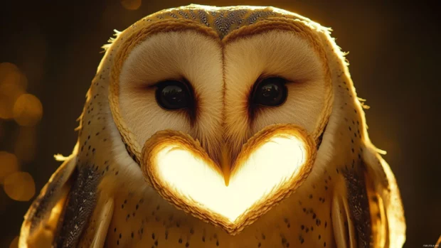 Barn Owl desktop wallpaper with a front facing view of the Barn Owl heart shaped face glowing in golden light.
