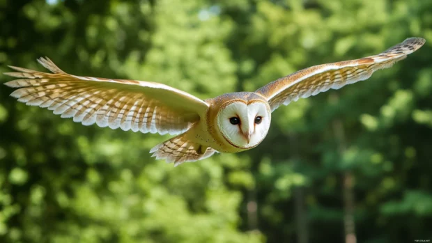 Barn Owl flying wallpaper with the Barn Owl in full wingspan gliding above open fields.