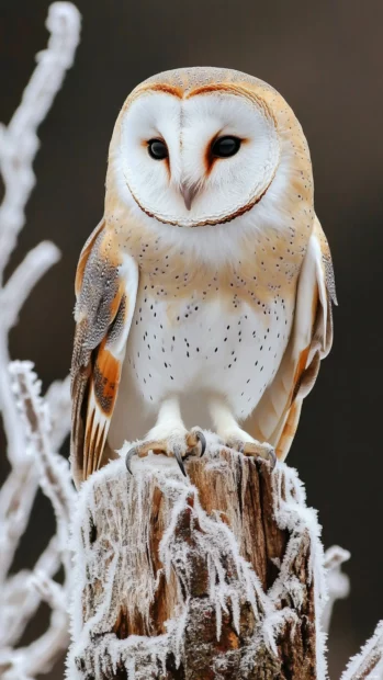 Barn Owl iPhone wallpaper with a vertical portrait of the Barn Owl perched on a frosty tree stump.