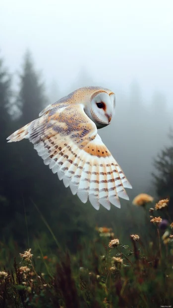 Barn Owl mobile wallpaper capturing the Barn Owl mid glide across a foggy meadow.