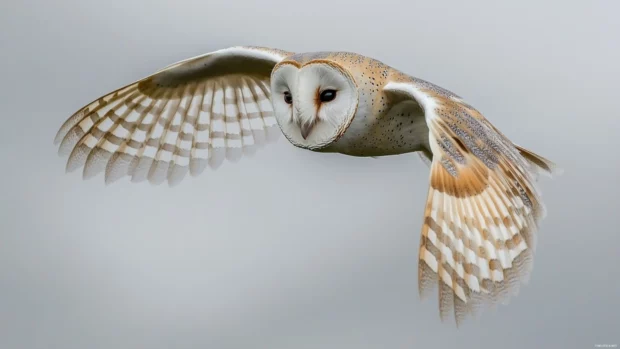 Barn Owl nature wallpaper with the Barn Owl mid flight under a cloudy gray sky.
