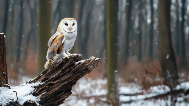 Barn Owl scenic wallpaper featuring the Barn Owl perched on a broken tree branch in a snowy forest.