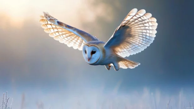 Barn Owl wallpaper featuring the Barn Owl gliding through foggy farmland at dawn.
