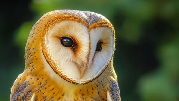 Barn owl desktop wallpaper with a close up of the owl heart shaped face lit from the side.