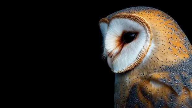 Barn owl desktop wallpaper with a close up of the owl heart shaped face lit from the side.