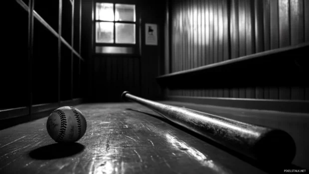 Baseball and bat in the locker room captured in dramatic black and white.