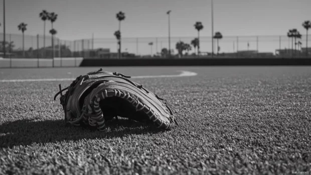 Baseball and glove resting quietly on training turf in black and white.