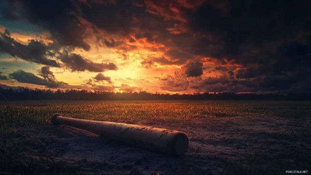 Baseball at dusk wallpaper, Warm light hitting a baseball bat left on the field.