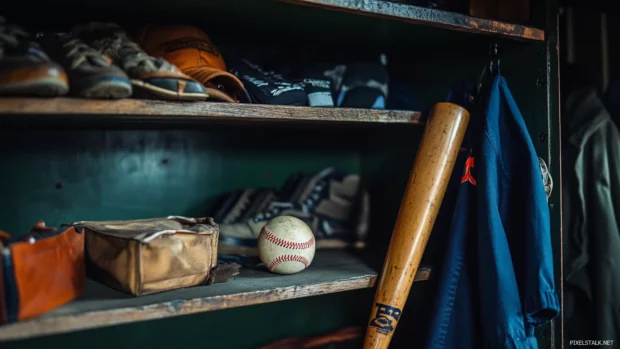 Baseball bat in the locker among personal items.