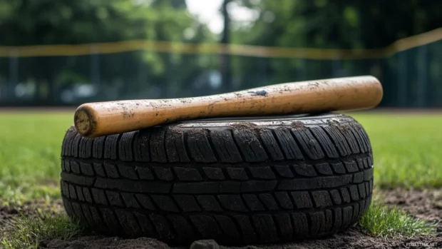 Baseball bat laid across two stacked tires near a training field.