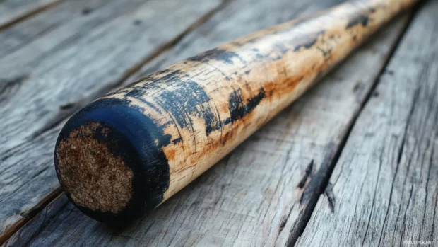 Baseball bat marked with game tally scratches.