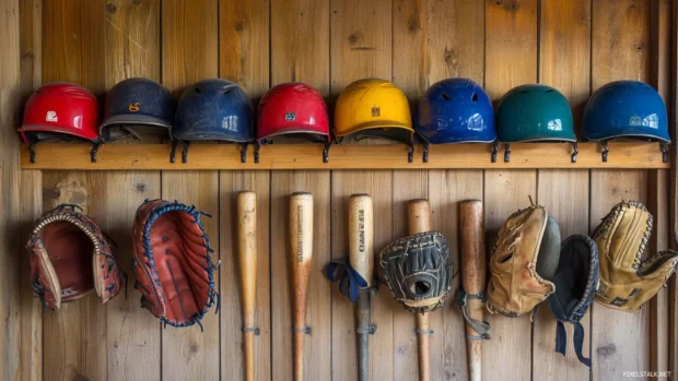 Baseball bat on a wooden rack with gloves and helmets.