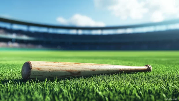 Baseball bat on grass wallpaper, A vintage baseball bat on trimmed grass field with a blurred stadium background.