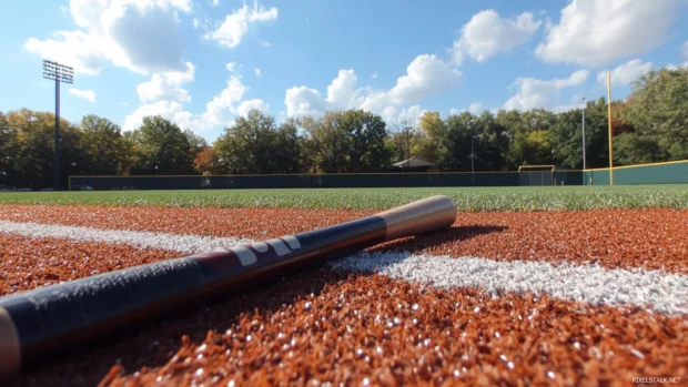 Baseball bat placed beside fresh chalk lines of a new field.