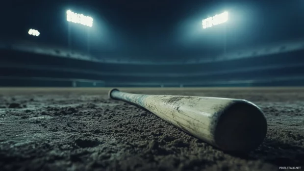 Baseball bat placed on home plate under stadium lights.