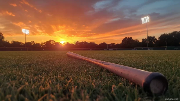Baseball bat resting on the field under a glowing sunset.