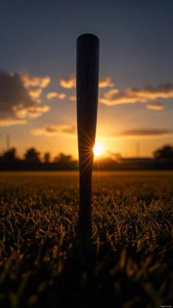 Baseball bat silhouetted in sunrise lighting on the field.