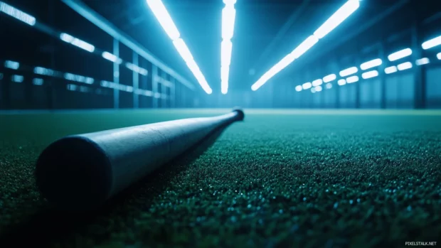 Baseball bat sitting on synthetic turf under bright lights.