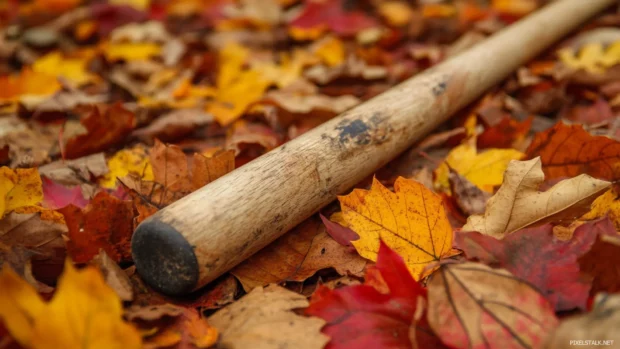Baseball bat surrounded by fallen autumn leaves.