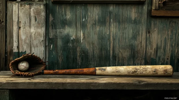 Baseball bat wallpaper HD, A highly detailed image of a baseball bat resting beside a glove on a wooden bench.