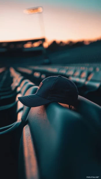 Baseball cap atop stadium seat in low evening light.