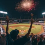 Baseball crowd going wild with fireworks in the background.