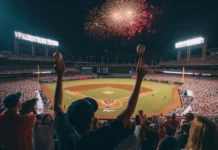 Baseball crowd going wild with fireworks in the background.