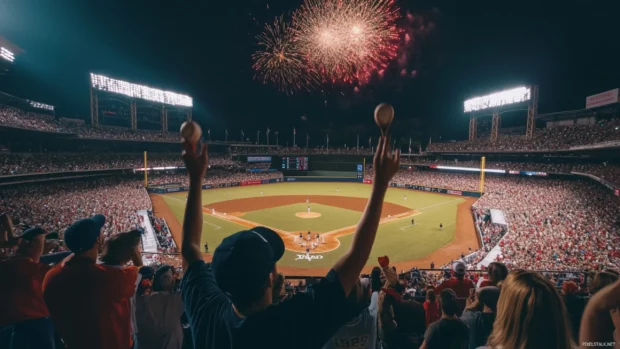 Baseball crowd going wild with fireworks in the background.