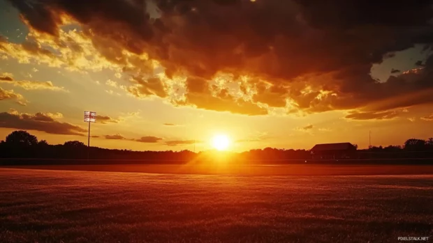 Baseball desktop wallpaper HD showing a dramatic sunset behind a baseball field.